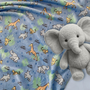 Cute Safari Animals Colorful Name Baby Kids Blue Fleece Blanket