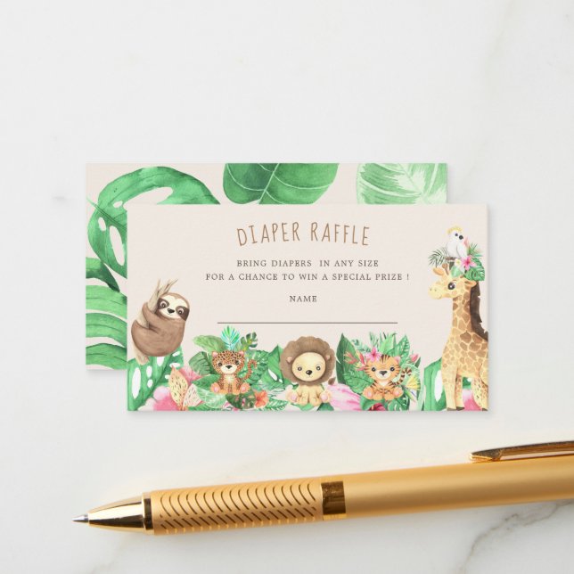 Cute Safari Animals Diaper Raffle Ticket Enclosure Card (Front/Back In Situ)