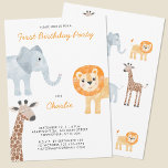 Cute Safari Animals First 1st Birthday Party Invitation<br><div class="desc">Adorable watercolor baby elephant, lion and giraffe safari design which is perfect for your little animal lover's first birthday party. You can easily customize the invite to your liking by changing any of the text. Gender neutral for a boy or girl. Original art by Nic Squirrell. Reverse features a matching...</div>