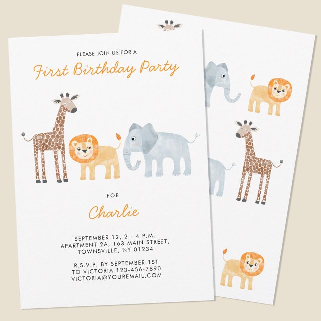 Cute Safari Animals First Birthday Party Invitation (Fun baby safari animal themed first birthday party invitation with custom text)