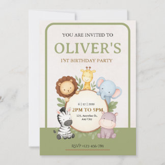 Cute Safari Animals First Birthday Party Invite