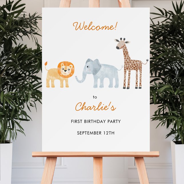 Cute Safari Animals First Birthday Welcome Sign (Fun safari animal themed first birthday party welcome sign with custom text)