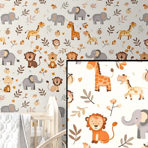 Cute Safari Animals Giraffe Elephant Lion on Cream Wallpaper