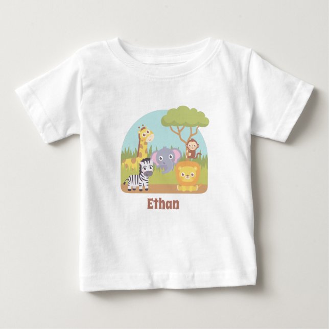 Cute Safari Animals, Giraffe, Lion, Zebra Name Baby T-Shirt (Front)