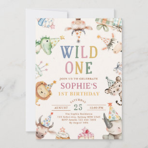 Cute Safari Animals Girl 1st Birthday Invitation