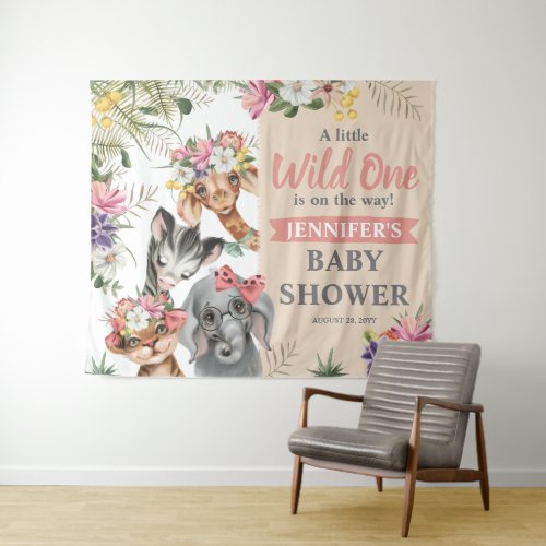 Cute Safari Animals Girl Baby Shower Backdrop Sign