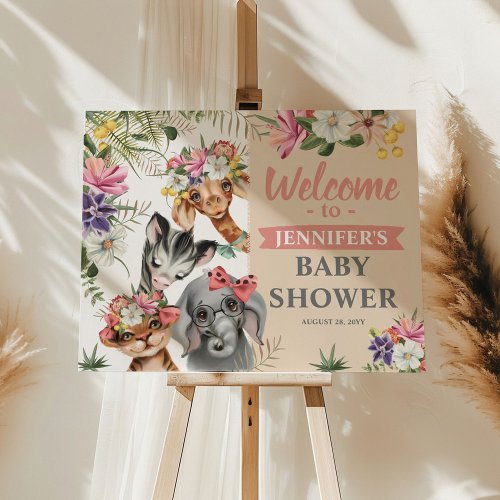 Cute Safari Animals Girl Baby Shower Welcome Sign