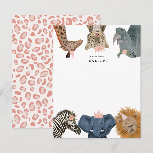 Cute Safari Animals Girls Note Card (Front/Back)