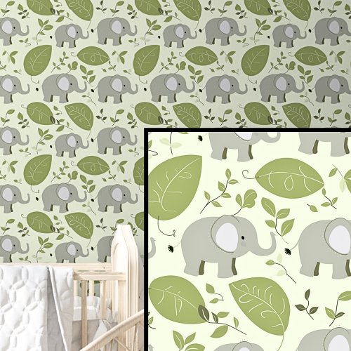 Cute Safari Animals Gray Elephants Leaf on Green  Wallpaper