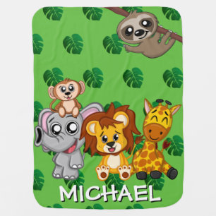 Cute Safari Animals Green Cartoon Jungle Name Baby Blanket