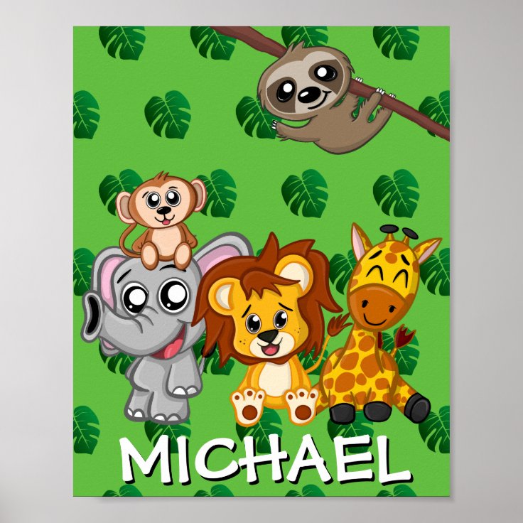 Cute Safari Animals Green Cartoon Jungle Name Poster Zazzle