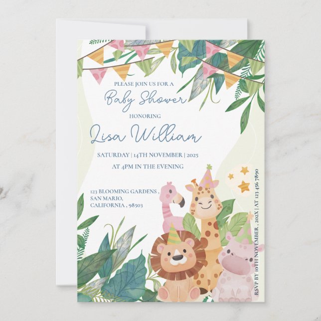 Cute Safari Animals Green Leafy Theme Baby Shower  Invitation (Front)