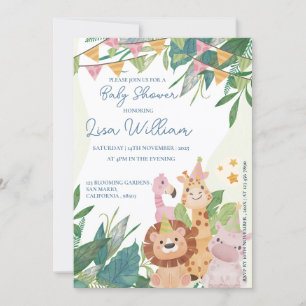 Cute Safari Animals Green Leafy Theme Baby Shower Invitation