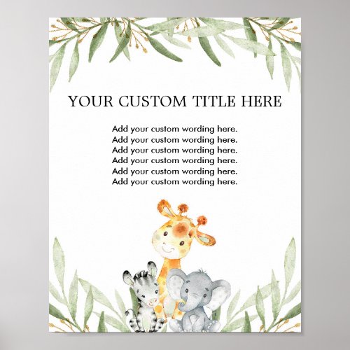 Cute safari animals greenery Custom Make Your Own Poster