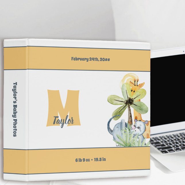 Cute Safari Animals Grey Yellow Baby Photo Album 3 Ring Binder (Creator Uploaded)