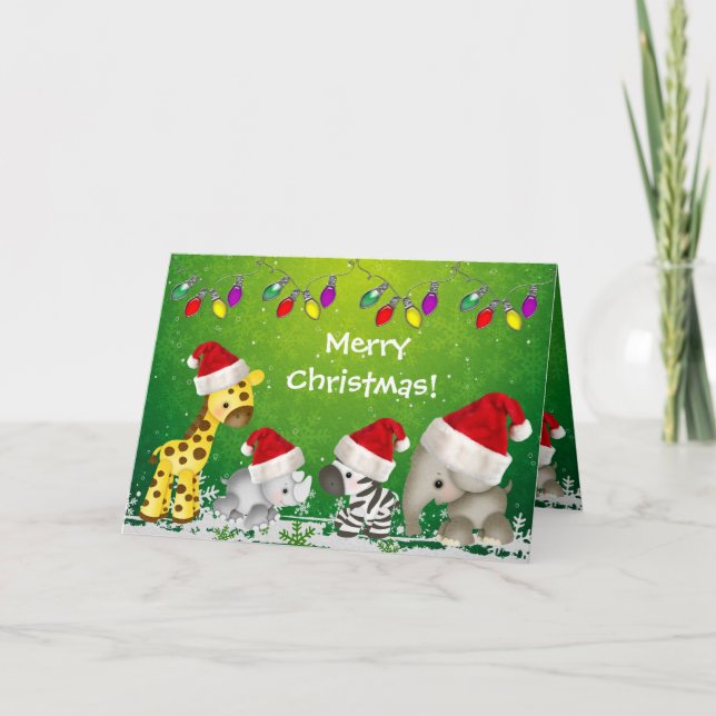 Cute Safari Animals in Santa Hats Christmas Card (Front)