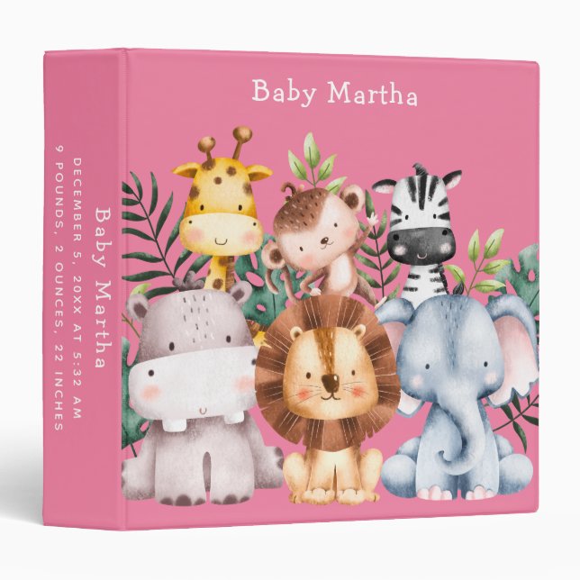 Cute Safari Animals Jungle Baby girl Album pink 3 Ring Binder (Front/Spine)
