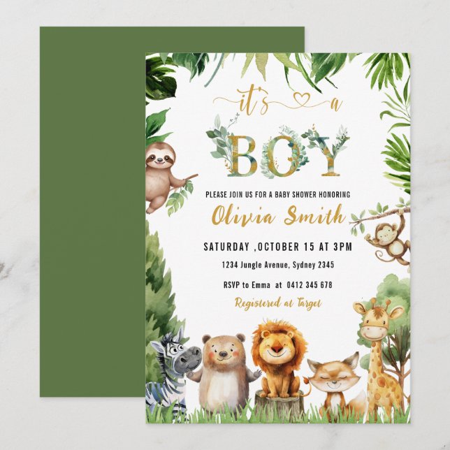 Cute Safari Animals Jungle Boy Baby Shower Invitation (Front/Back)