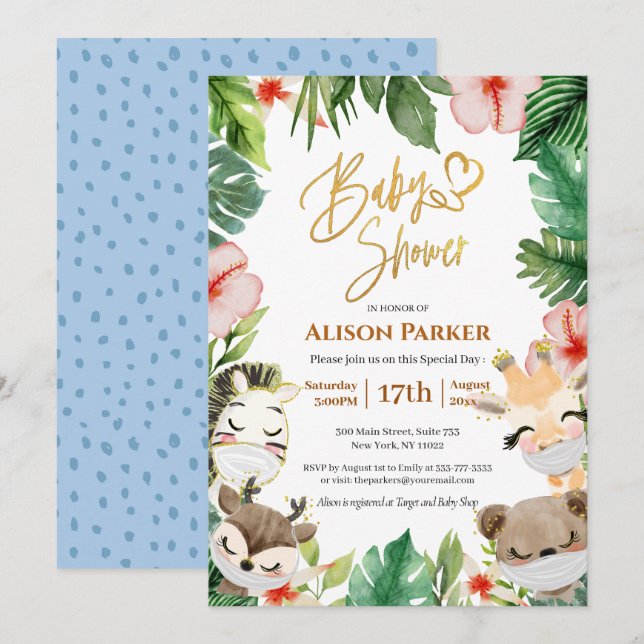 Cute Safari Animals Jungle Greenery Baby Shower Invitation (Front/Back)