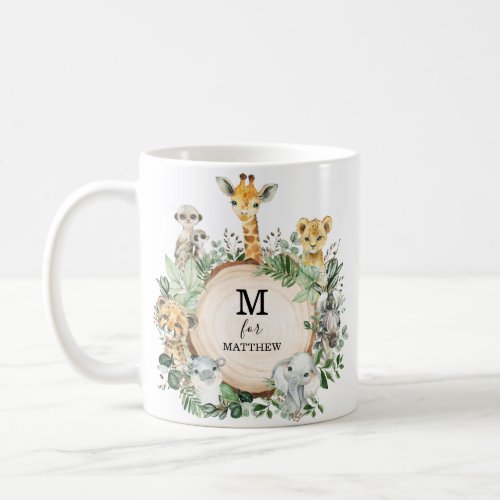 Cute Safari Animals Jungle Greenery Boy Monogram Coffee Mug