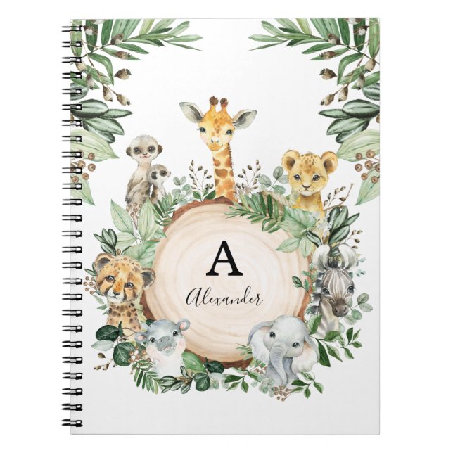 Cute Safari Animals Jungle Greenery Boys School Notebook (Front)