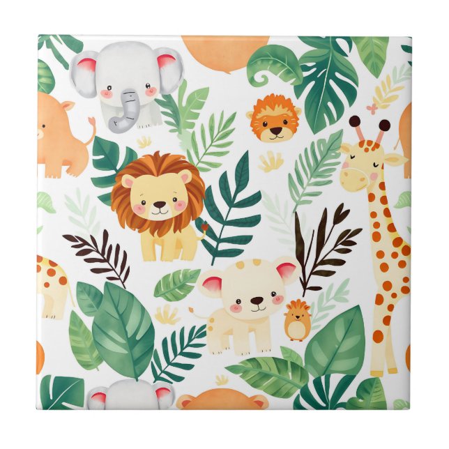 Cute Safari Animals Jungle Pattern Ceramic Tile (Front)
