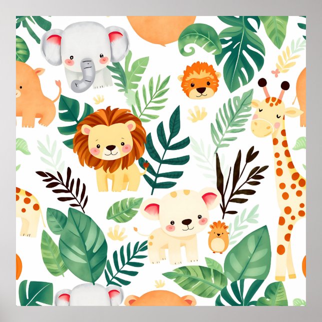 Cute Safari Animals Jungle Pattern Poster (Front)