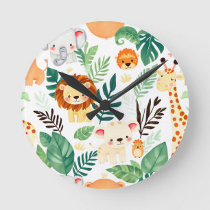 Cute Safari Animals Jungle Pattern Round Clock