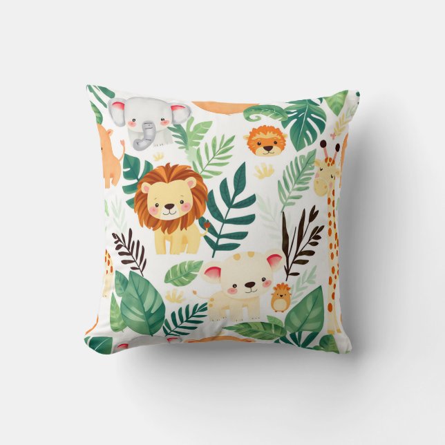 Cute Safari Animals Jungle Pattern Throw Pillow (Front)