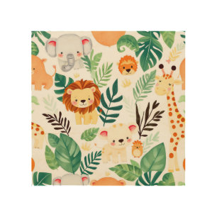 Cute Safari Animals Jungle Pattern Wood Wall Art
