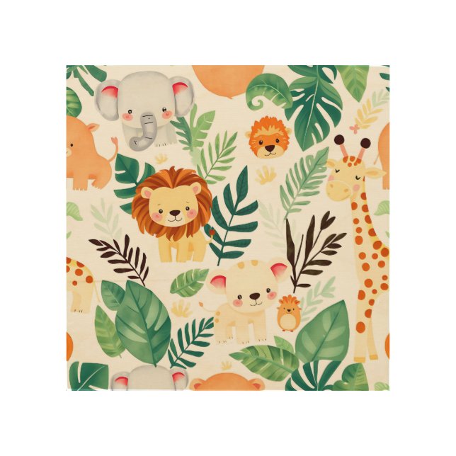 Cute Safari Animals Jungle Pattern Wood Wall Art (Front)
