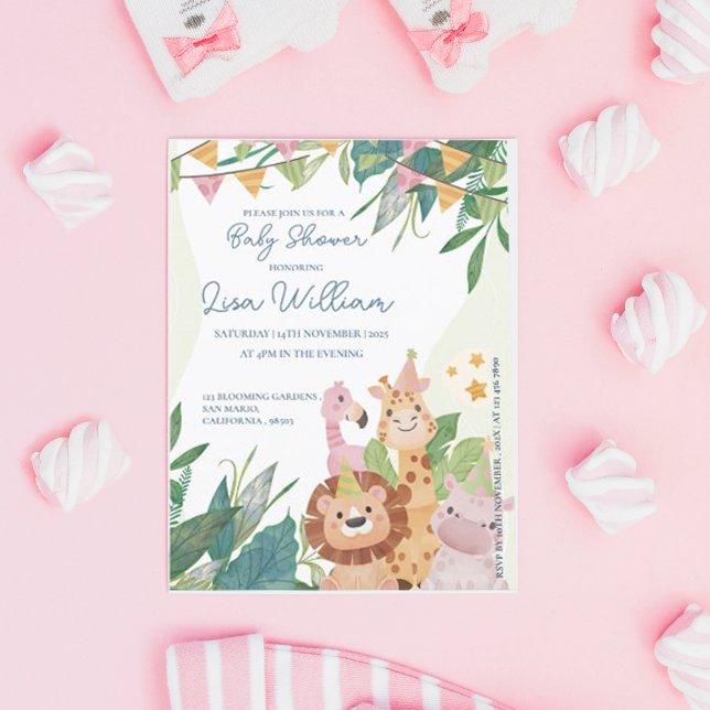 Cute Safari Animals Leafy  Baby Shower Invitation Postcard (Cute Safari Animals Leafy Baby Shower Invitation Postcard)