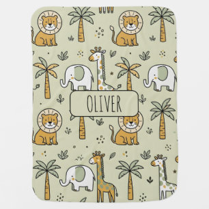 Cute Safari Animals Lion Giraffe Sage Green Baby Blanket