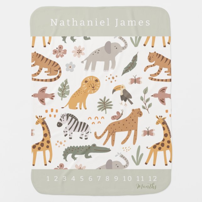 Cute Safari Animals Milestone Baby Blanket (Front)