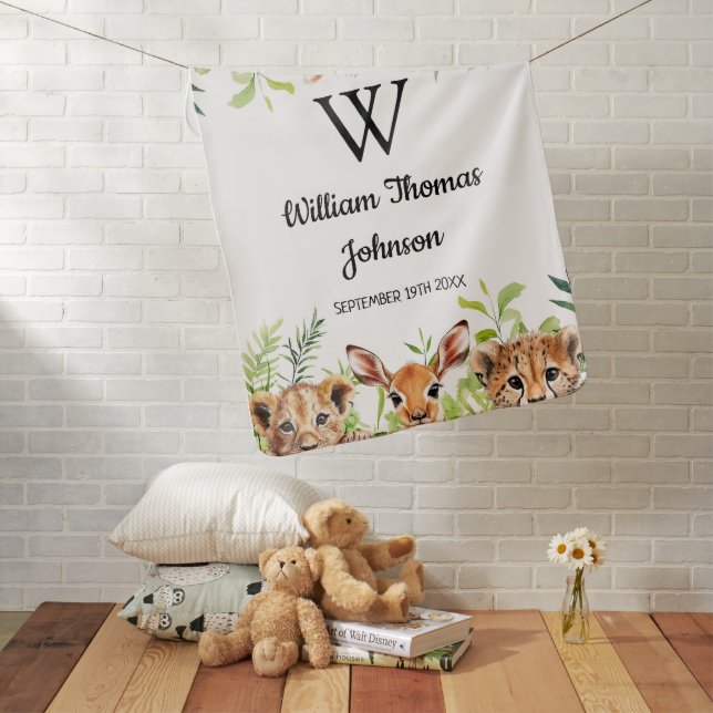 Cute Safari Animals Modern Baby Monogram Blanket (In Situ)