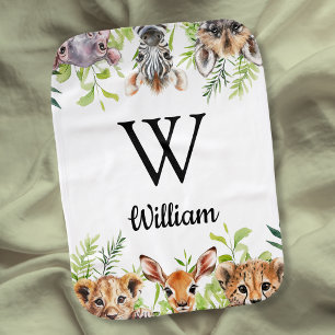 Cute Safari Animals Modern Baby Monogram Burp Cloth