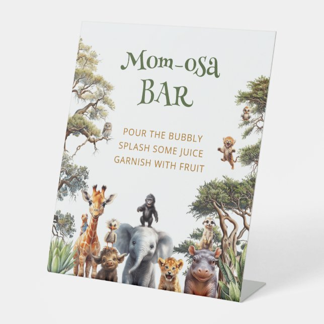 Cute Safari Animals Mom-osa Bar Baby Shower  Pedestal Sign (Front)