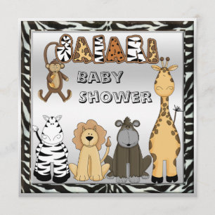 Cute Safari Animals Neutral Silver Baby Shower Invitation