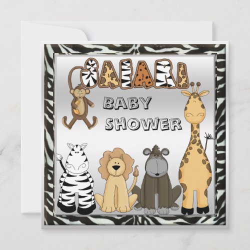 Cute Safari Animals Neutral Silver Baby Shower Invitation