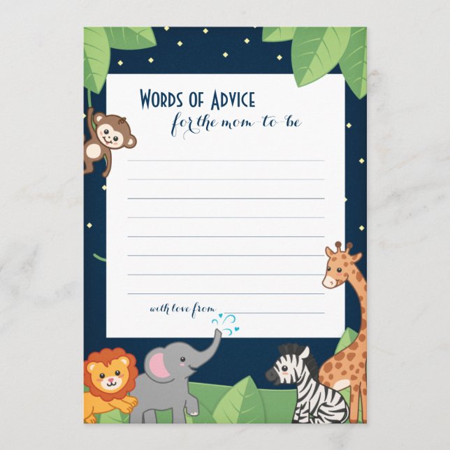 Cute Safari Animals New Mommy Advice Shower Cards (Front)