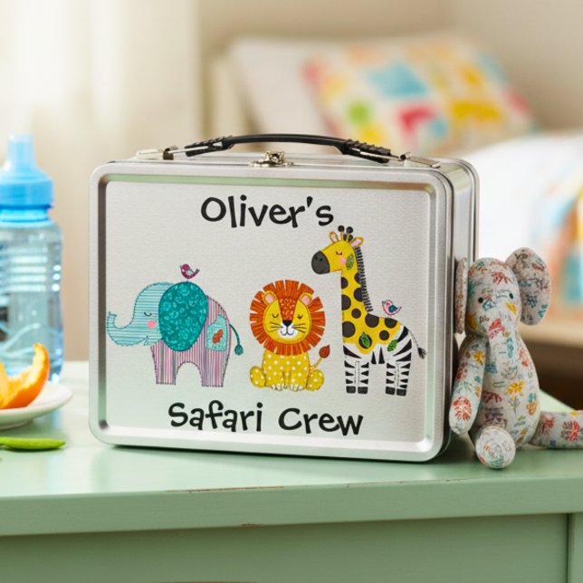 Cute Safari Animals Patchwork Metal Lunch Box (Creator Uploaded)