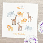 Cute Safari Animals Personalized 1st Birthday Napkins<br><div class="desc">A watercolor baby lion,  giraffe and elephant animal safari pattern,  perfect for a little animal lover's first birthday party.  Original art by Nic Squirrell. Change the name and any of the text to personalize.</div>