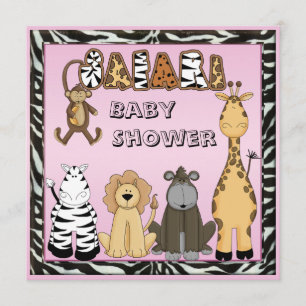 Cute Safari Animals Pink Baby Girl Shower Invitation