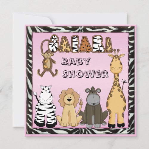 Cute Safari Animals Pink Baby Girl Shower Invitation