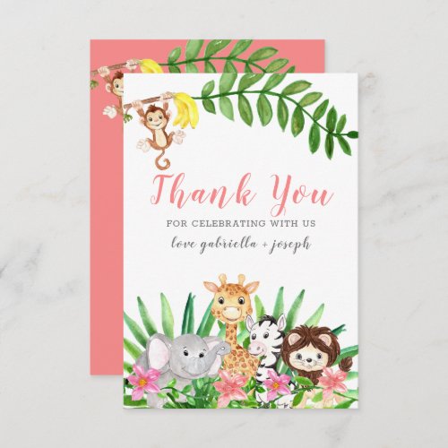 Cute Safari Animals  Pink Baby Girl Shower Thank You Card