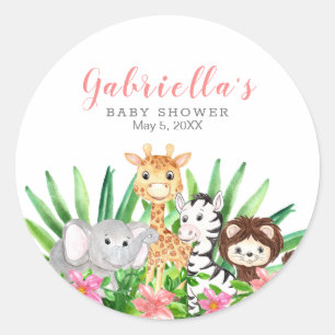 Cute Safari Animals Pink Baby Shower Classic Round Sticker