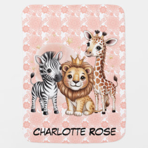 Cute Safari Animals Pink Florals Baby Girl Gift Blanket