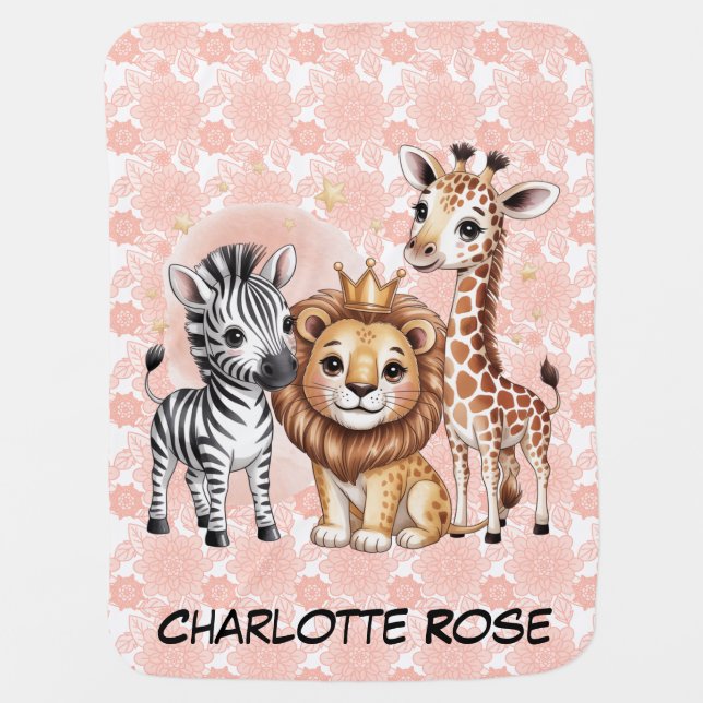 Cute Safari Animals Pink Florals Baby Girl Gift Blanket (Front)
