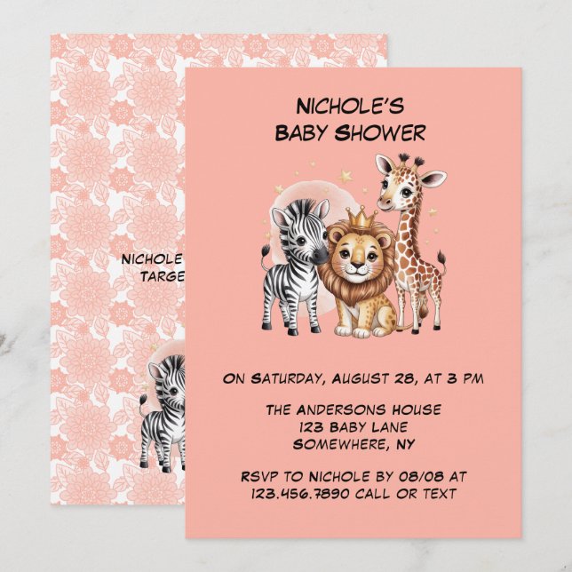 Cute Safari Animals Pink Florals Girl Baby Shower Invitation (Front/Back)