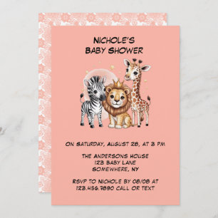 Cute Safari Animals Pink Florals Girl Baby Shower Invitation